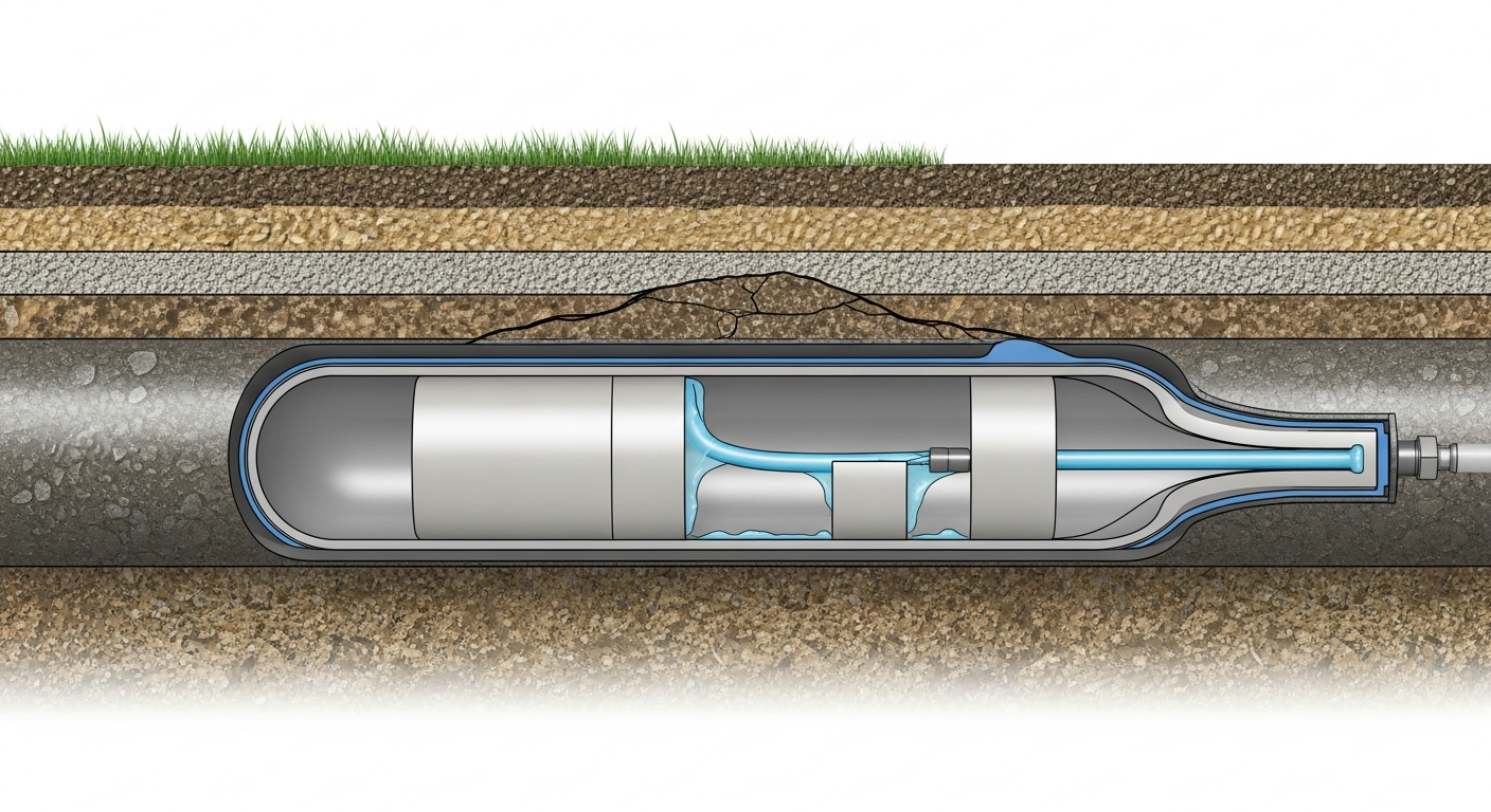 Cross-section illustration of trenchless pipe lining CIPP process inside an underground sewer pipe
