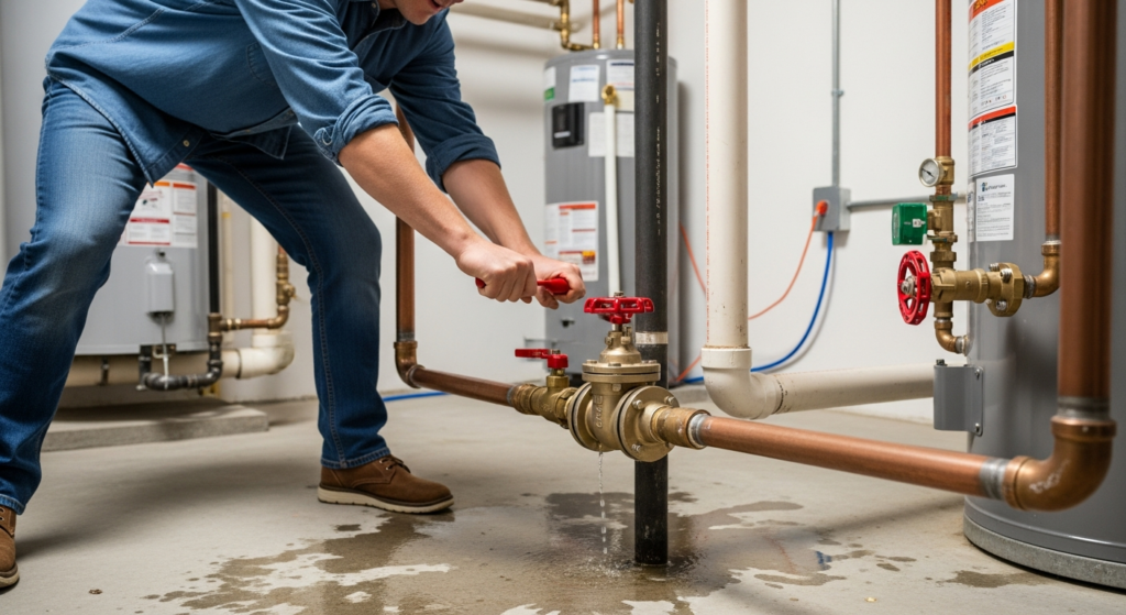 Homeowner turning off the main water shut-off valve during a plumbing emergency