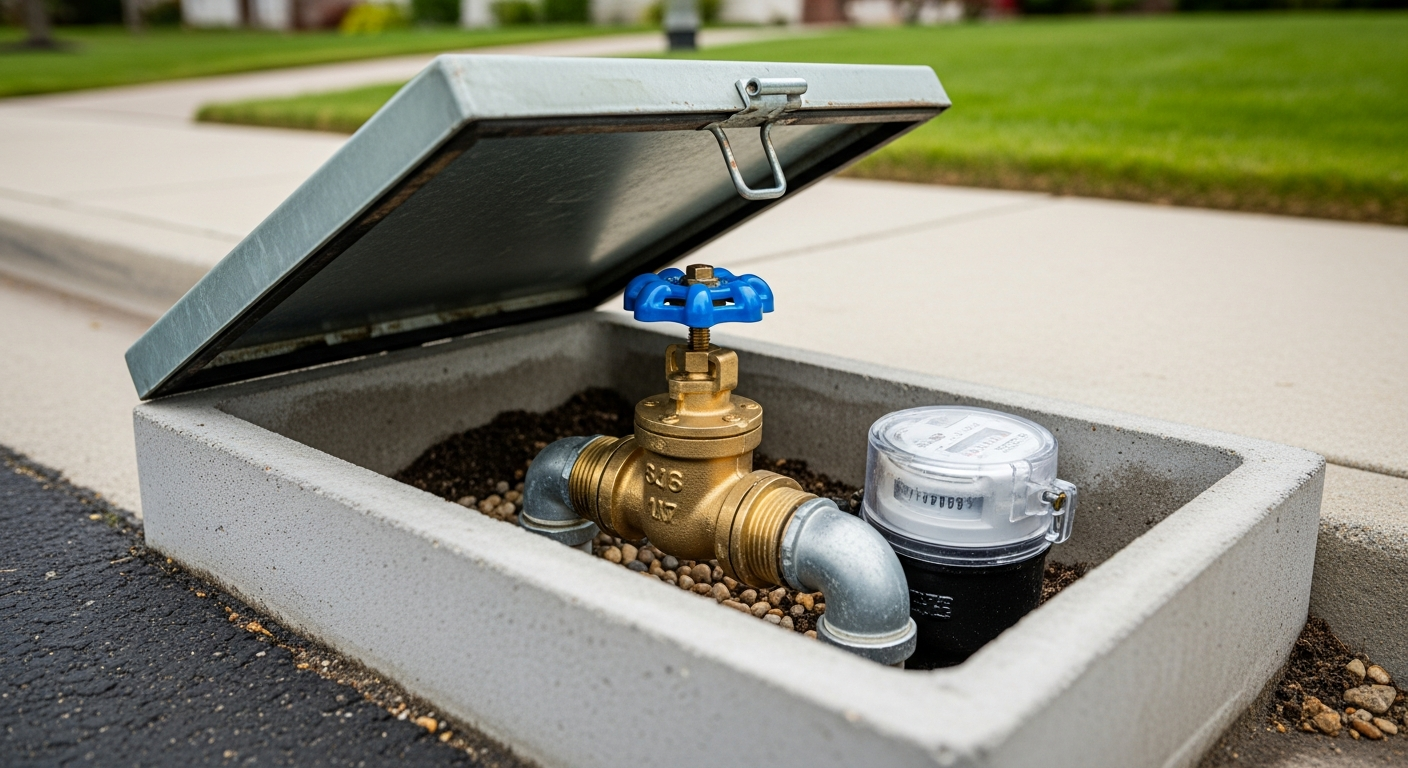 Water meter box at the curb showing the street water shut-off valve