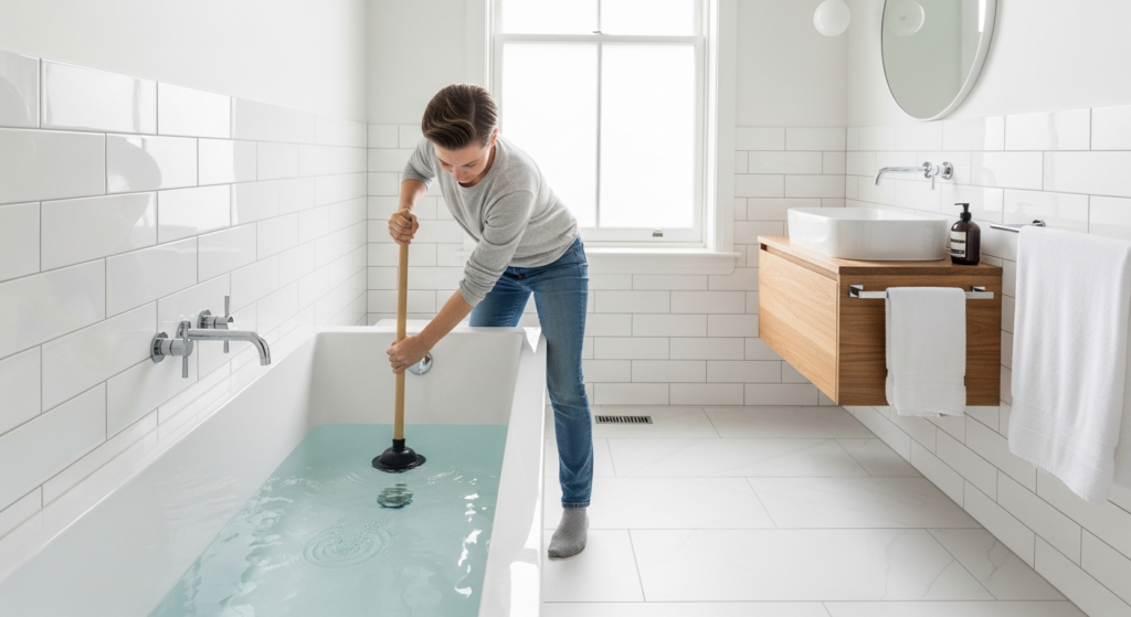 Homeowner using a plunger to unclog a bathtub drain in a modern bathroom