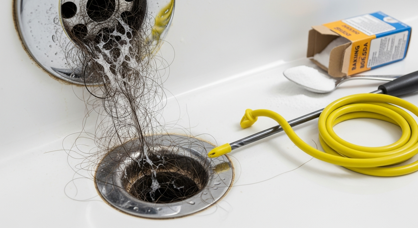Clogged bathtub drain with hair and soap buildup next to drain cleaning tools