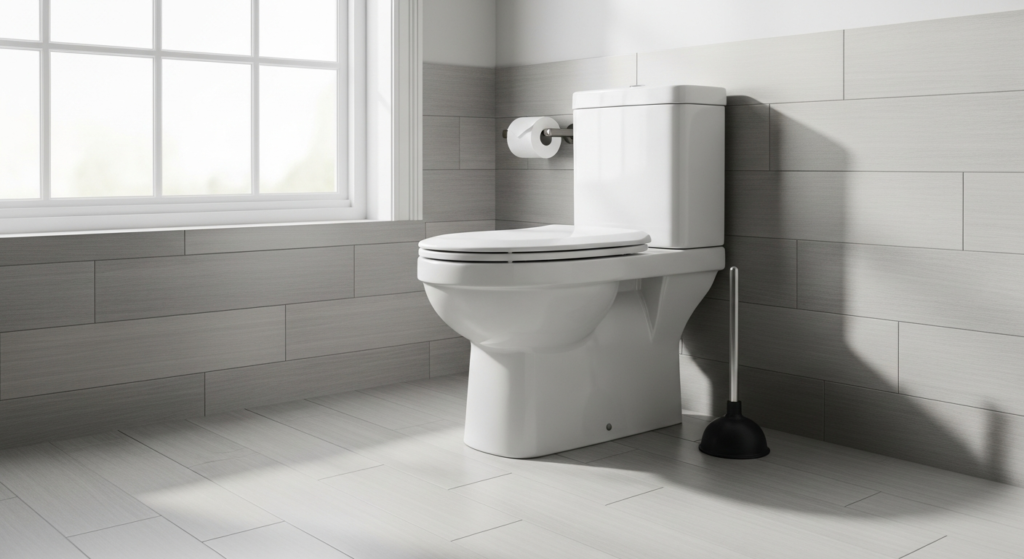 How to unclog a toilet - toilet with plunger in modern bathroom