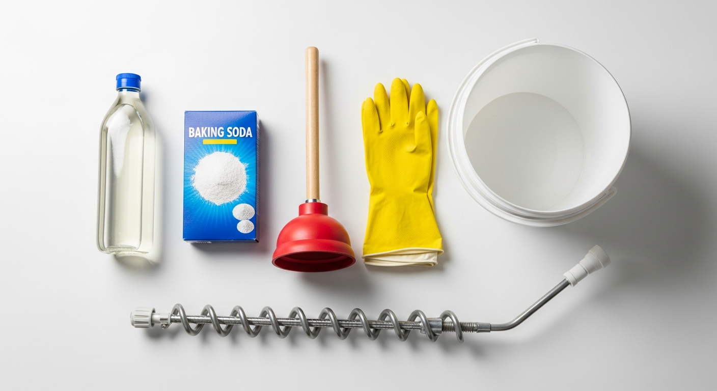 DIY toilet unclogging supplies including plunger, baking soda, vinegar, and toilet auger