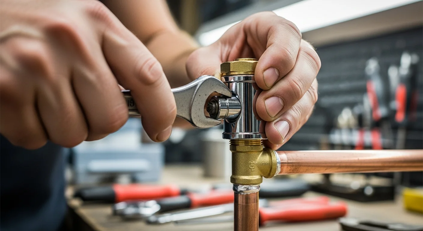 Plumber installing a water hammer arrestor on a residential copper pipe