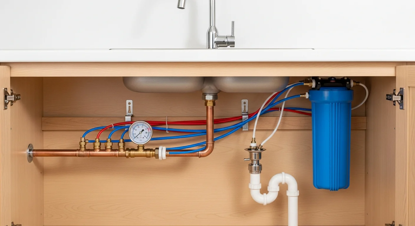 Residential plumbing system with pressure gauge on pipe for water hammer diagnosis