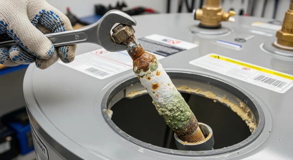 Water heater anode rod corroded and ready for replacement inside a residential tank in Orange County California