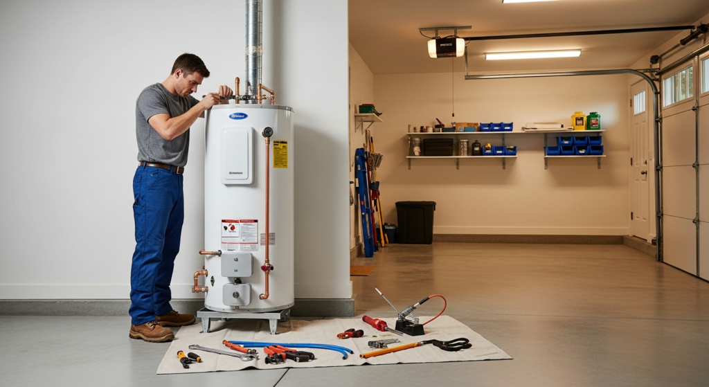 Licensed plumber installing a new water heater in an Orange County home