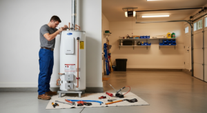 Licensed plumber installing a new water heater in an Orange County home