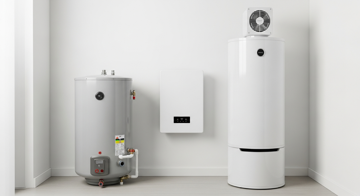 Comparison of tank, tankless, and hybrid heat pump water heater types side by side