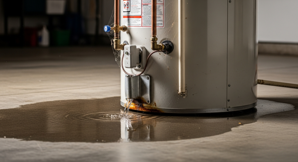 Water heater leaking from the bottom onto a garage floor in Orange County home