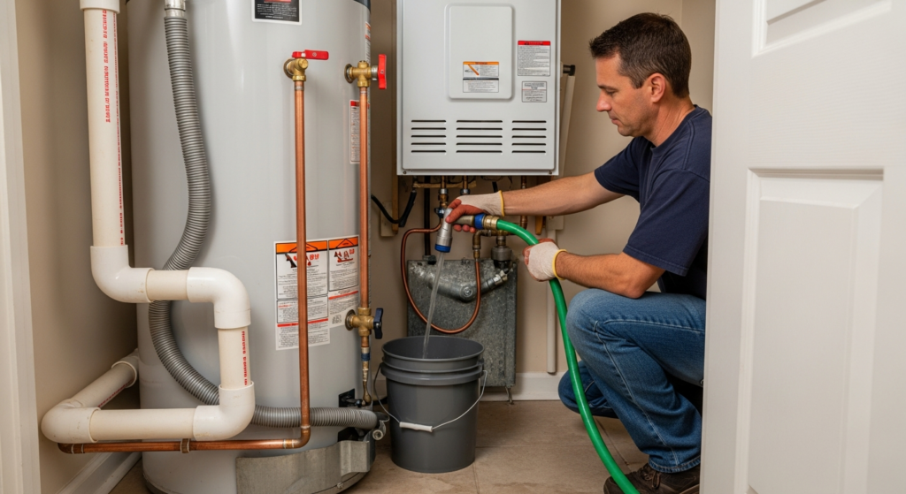 Technician performing water heater maintenance by flushing the tank