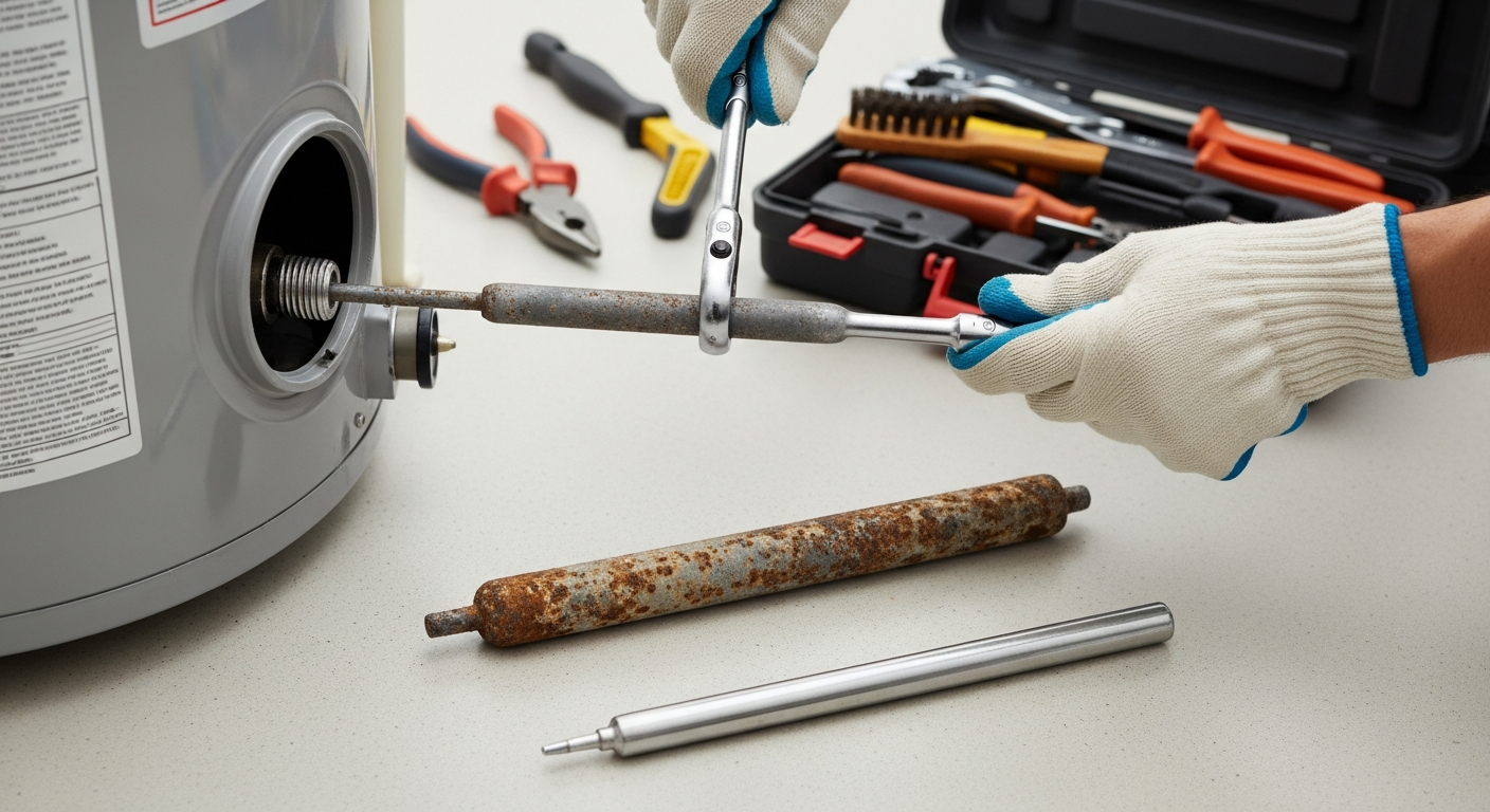 Corroded water heater anode rod next to a new replacement rod
