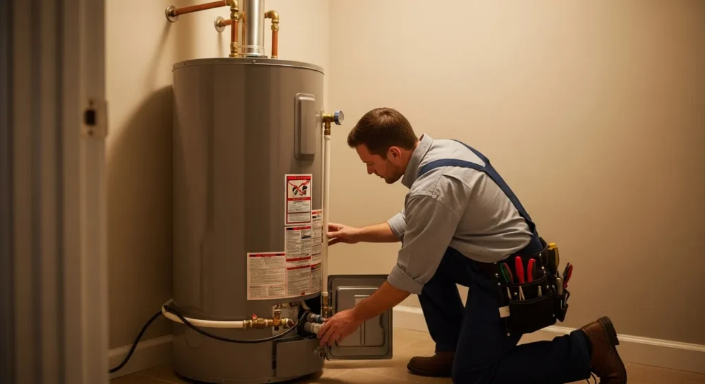 Water heater making noise with a plumber inspecting a residential tank water heater