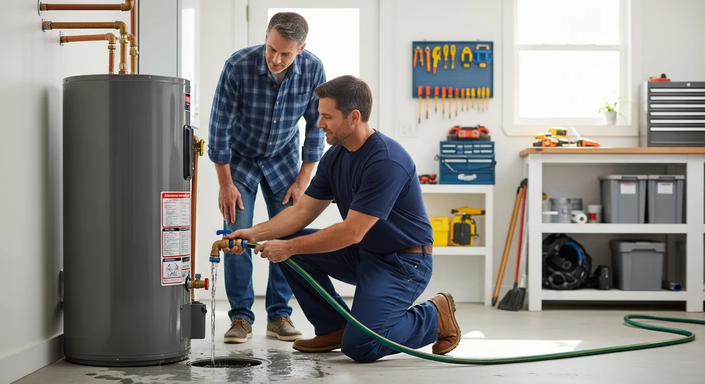 Plumber flushing a water heater to remove sediment buildup and stop noise