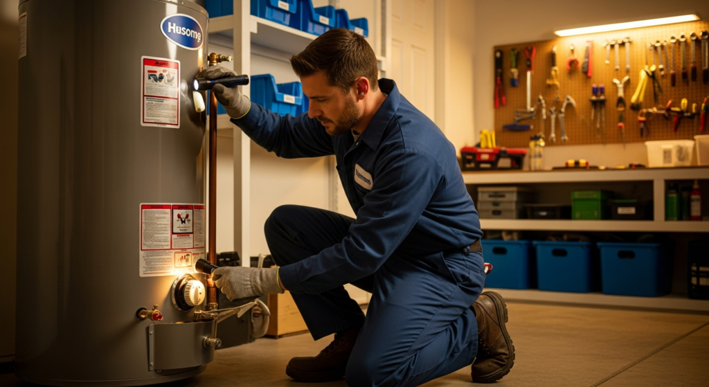 Professional plumber inspecting a water heater that is not working properly