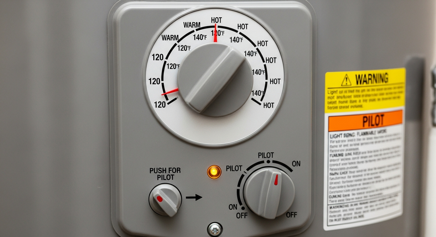 Water heater control panel showing temperature dial and pilot light controls for troubleshooting