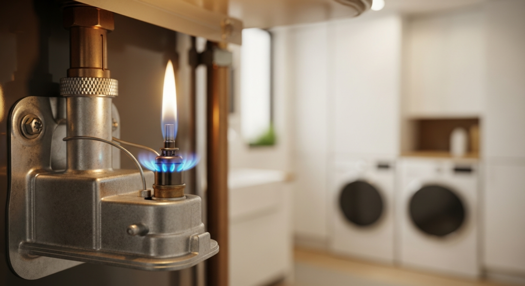 Gas water heater pilot light assembly with blue flame burning near thermocouple