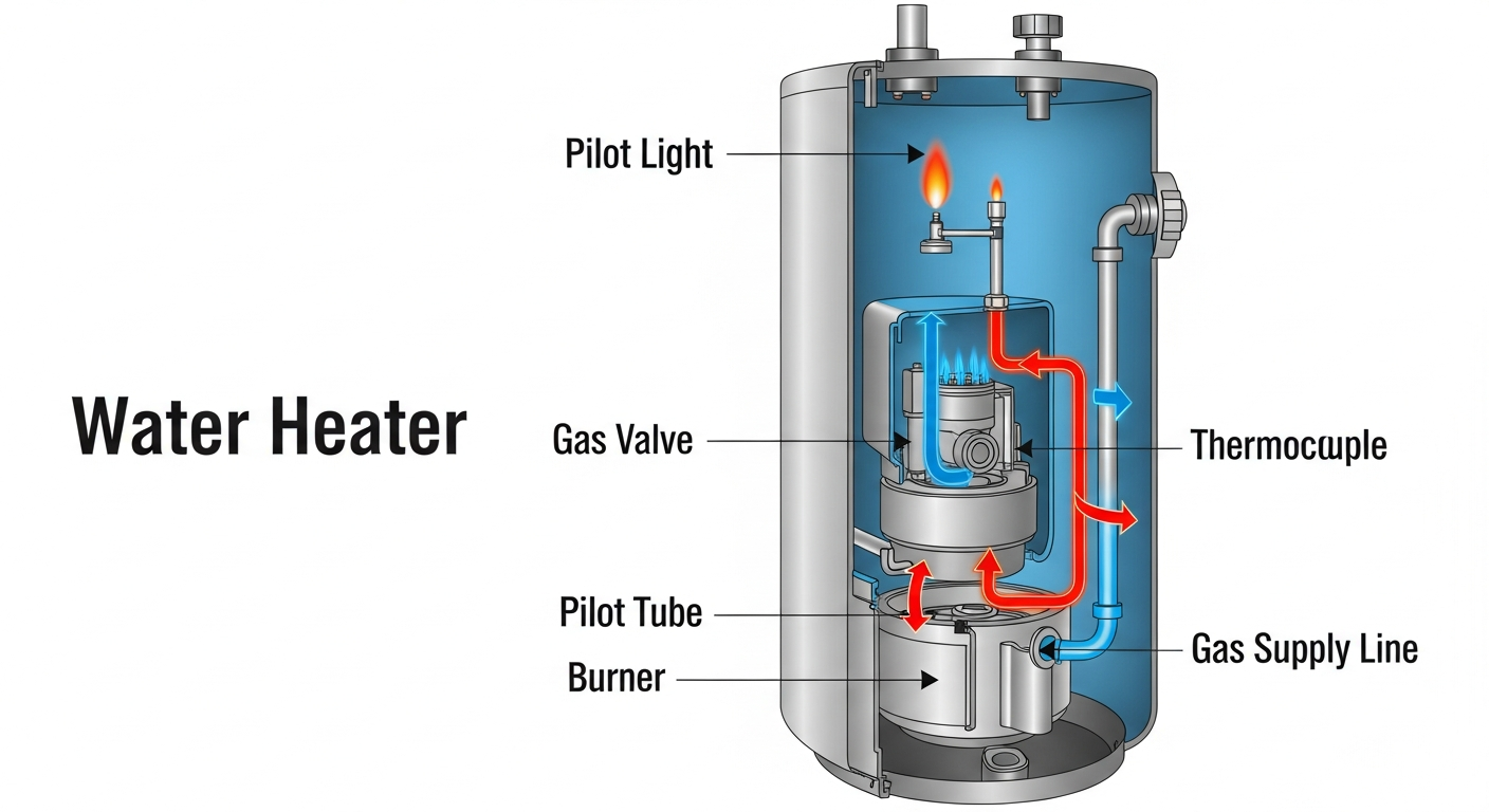 Diagram of water heater components including pilot light, thermocouple, gas valve, and burner assembly