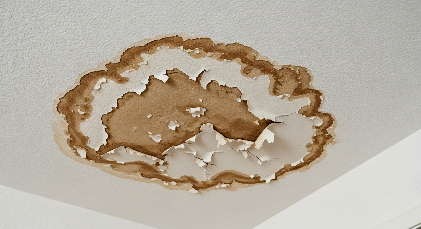 Water damage stain on a residential ceiling from a hidden water leak