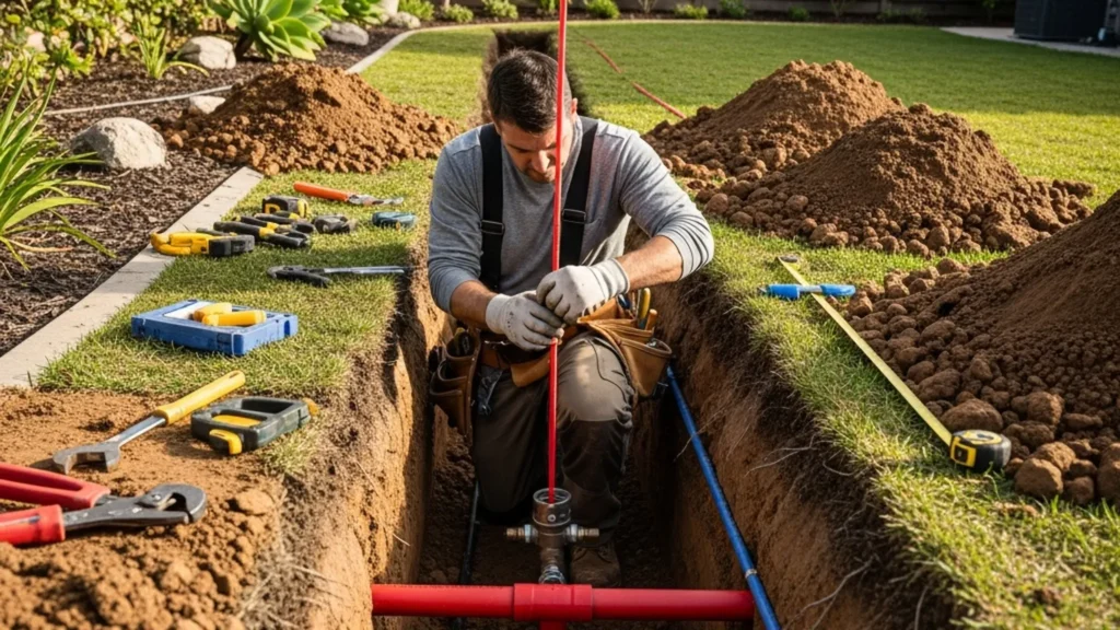 Plumber replacing underground water line in an Orange County California backyard