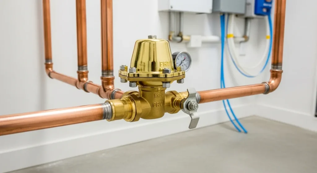 Brass water pressure regulator valve installed on a main water supply line
