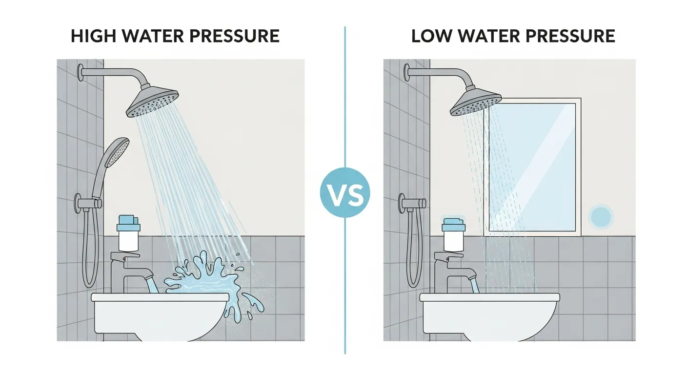 Comparison showing signs of high versus low water pressure in a residential plumbing system