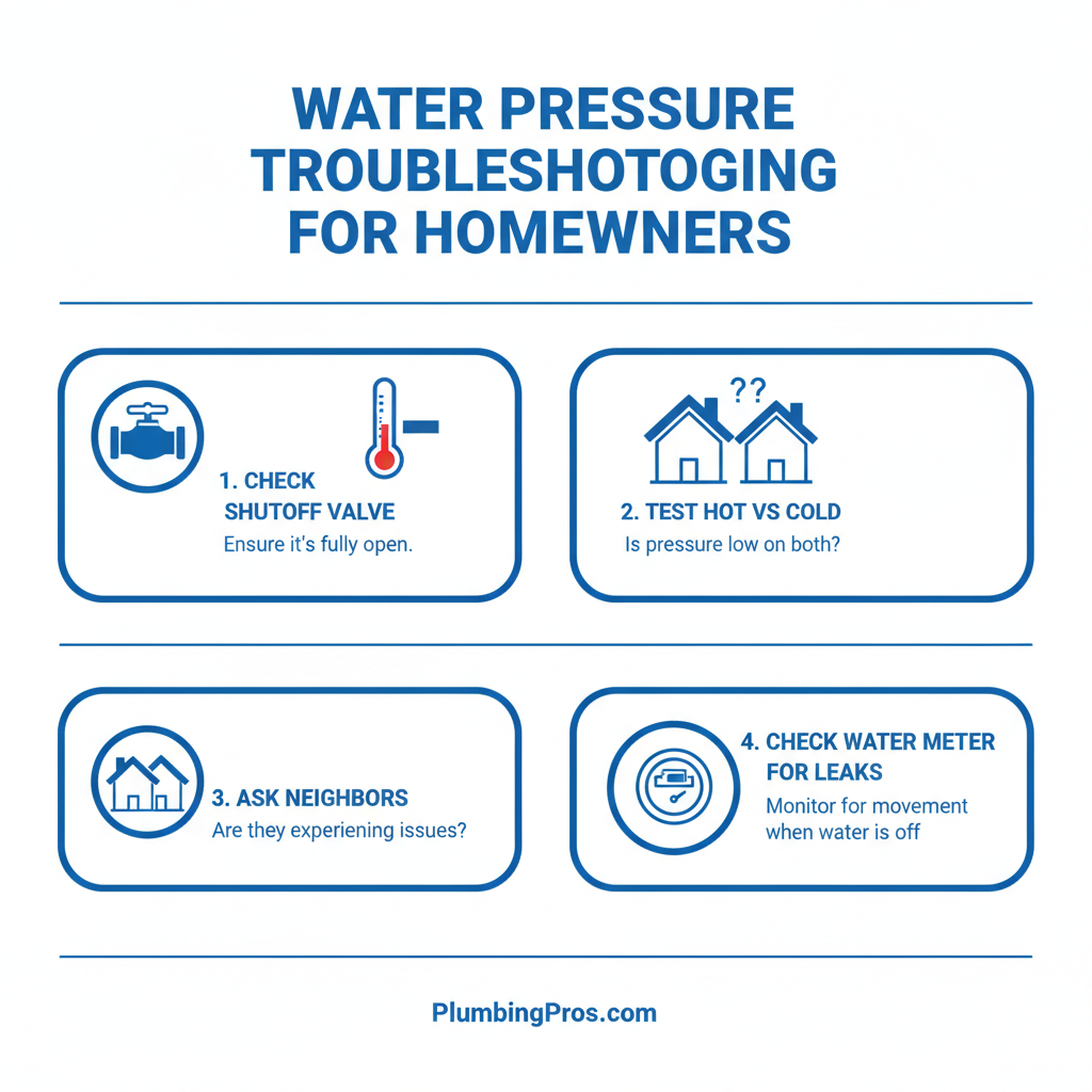 Infographic showing 4 steps to troubleshoot low water pressure in your home