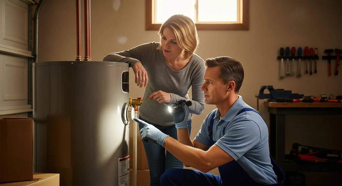 Professional plumber inspecting water heater sizing for a homeowner