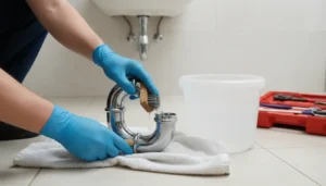 Plumber cleaning a P-trap pipe under a bathroom sink with tools and bucket