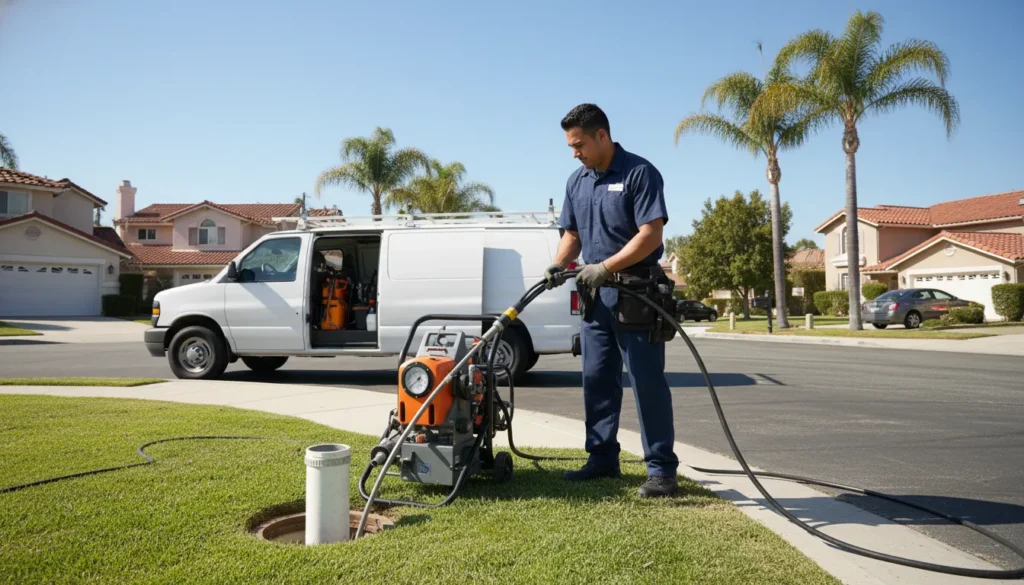 Hydro jetting cost Orange County plumber preparing drain cleaning equipment
