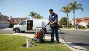Hydro jetting cost Orange County plumber preparing drain cleaning equipment