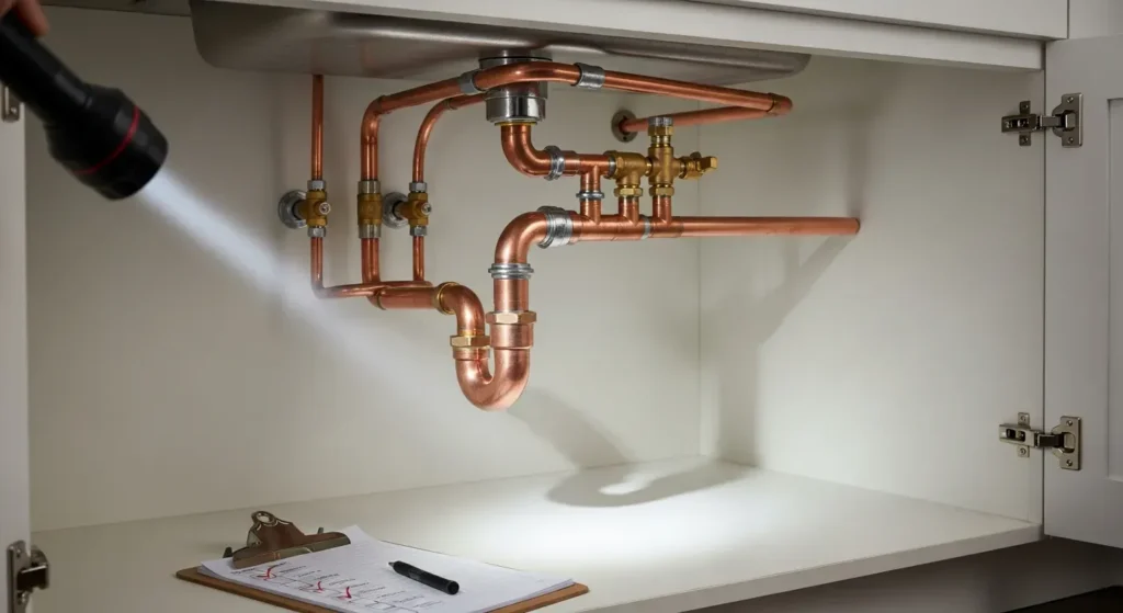 Plumber inspecting pipes under a kitchen sink during a home buyer plumbing inspection in Orange County