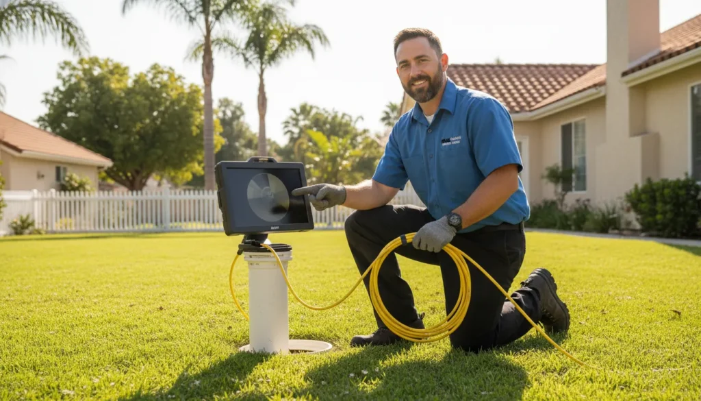 Orange County plumber reviewing sewer camera inspection findings