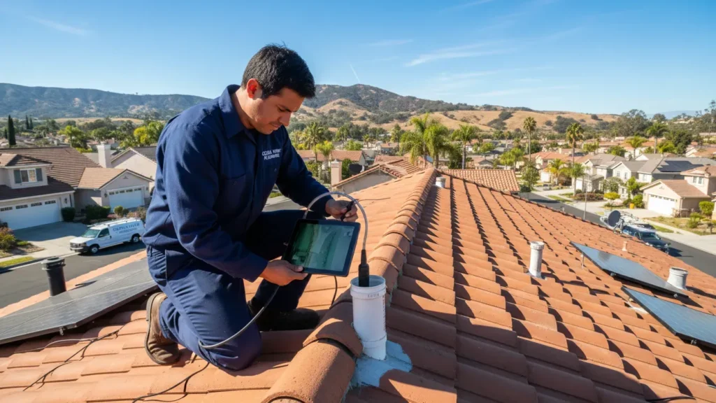 Plumber inspecting a clogged plumbing vent pipe on a residential rooftop in Orange County