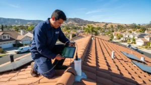 Plumber inspecting a clogged plumbing vent pipe on a residential rooftop in Orange County