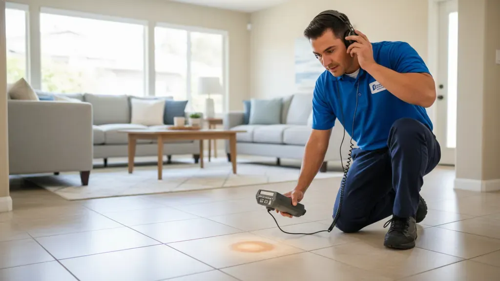 Plumber checking a tile floor during a slab leak repair cost inspection in Orange County