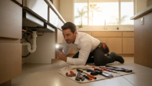 Licensed plumber inspecting pipes under a kitchen sink in an Orange County home