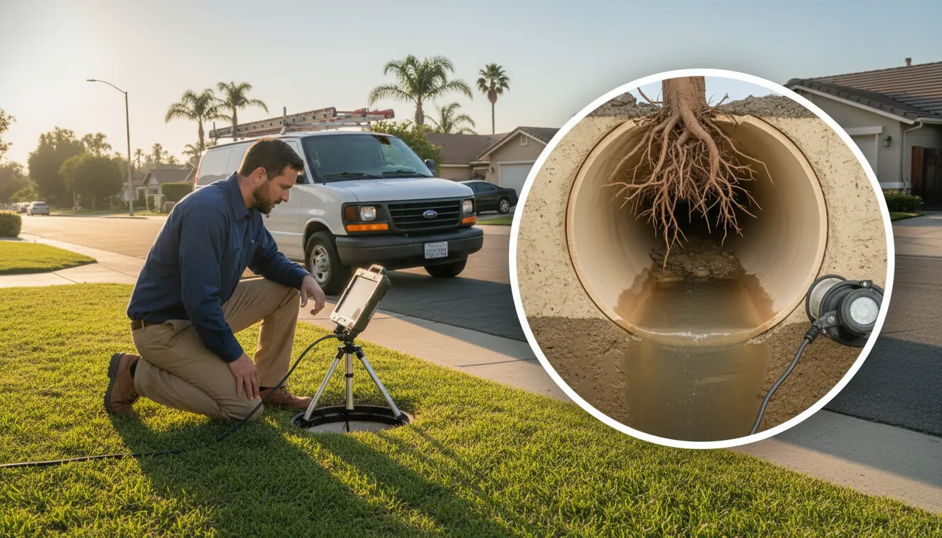 Plumber inspecting sewer line bellies in an Orange County sewer lateral