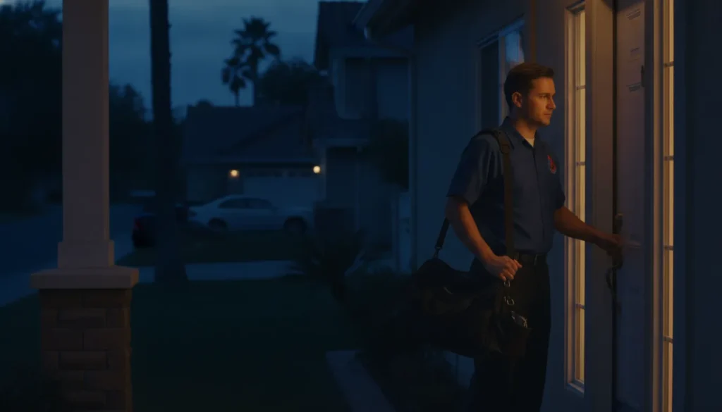 Licensed 24 hour plumber near me at a homeowners door during a night emergency