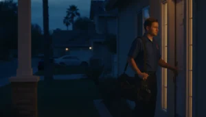 Licensed 24 hour plumber near me at a homeowners door during a night emergency