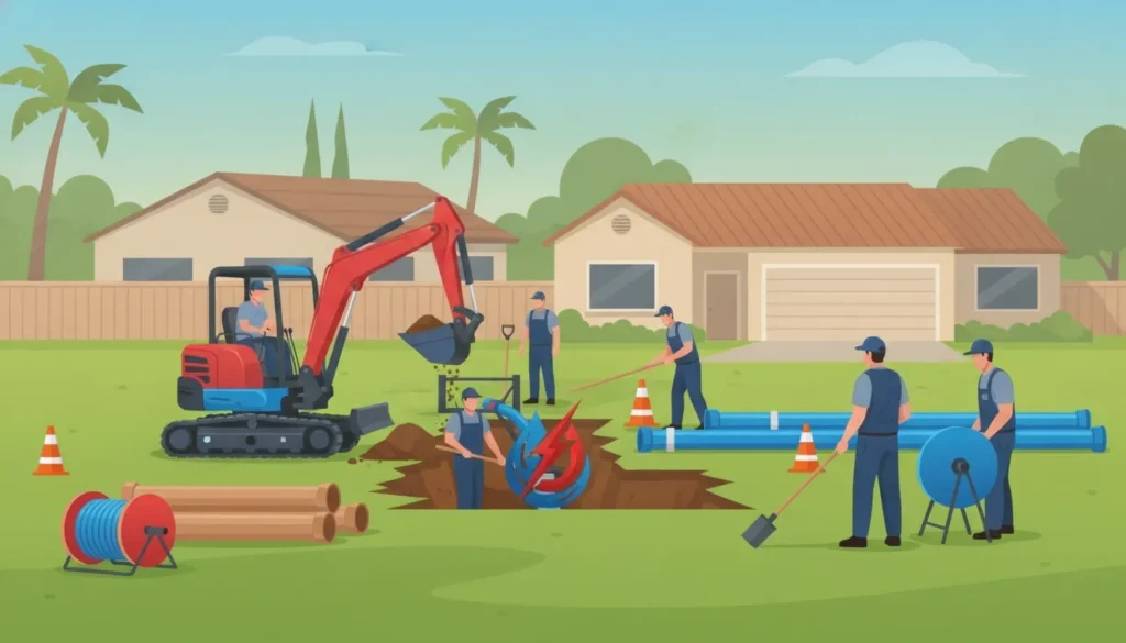Plumbing crew working on a residential sewer line replacement in an Orange County yard